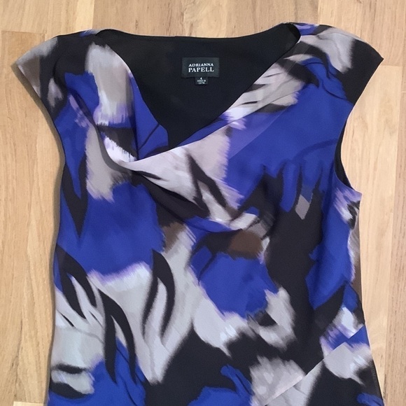 ADRIANNA Papell Blurred Chiffon Sleeveless Dress Drop Waist Blue/Black Women’s 4 - Picture 2 of 14